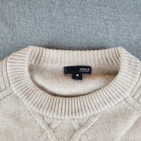 Aqua Cashmere Sweater Womens Medium Beige Crewneck Pullover Cable Knit Fisherman - Picture 6 of 16